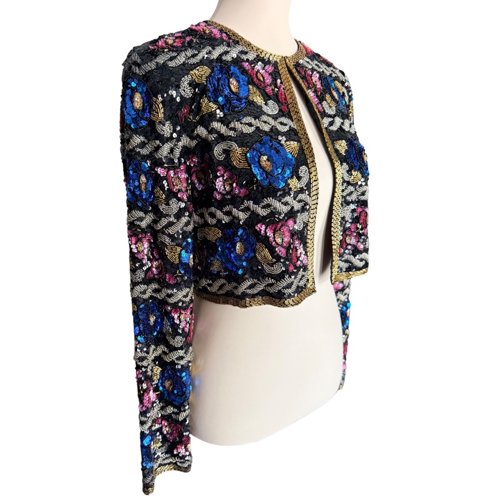 Vintage 80s Morgan Taylor Silk Sequin Jacket Size 6 Beaded Floral Bolero Evening - Picture 3 of 11